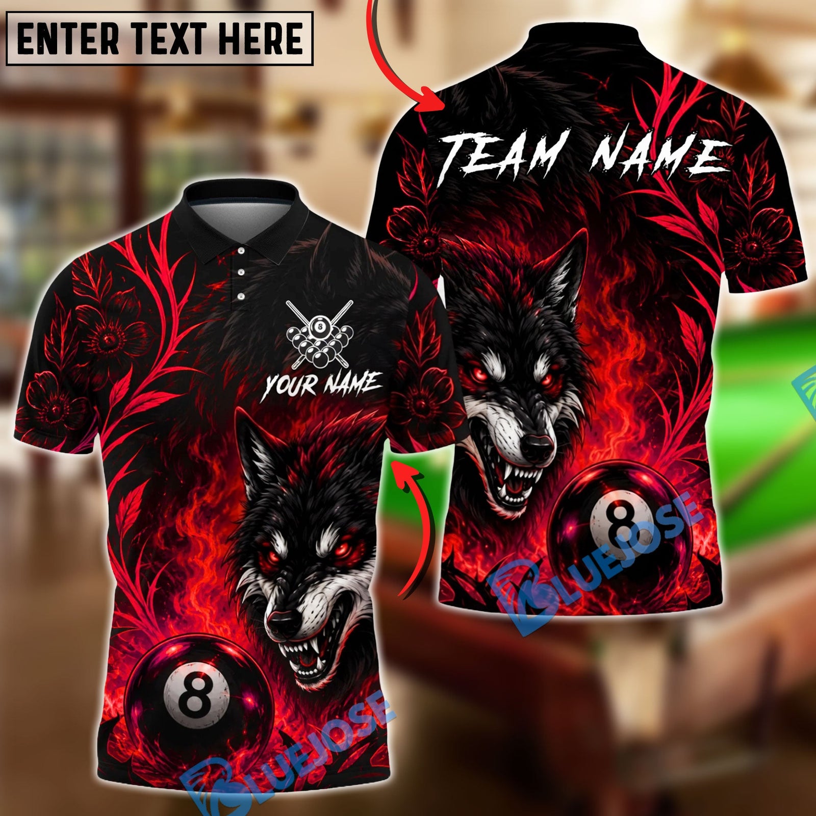 BlueJose Billiards 8 Ball Flame Flower Wolf Personalized Name Shirt (4 Colors)