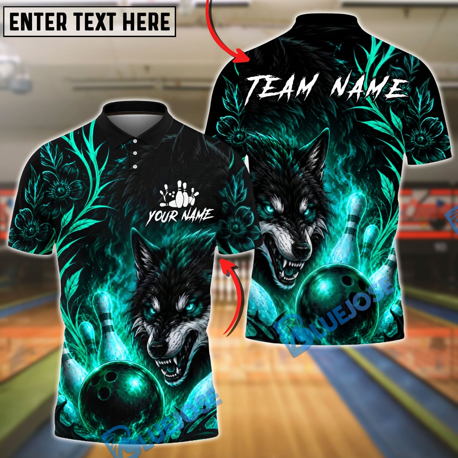 BlueJose Bowling And Pins Flame Flower Wolf Customized Name, Team Name 3D Shirt (4 Colors)