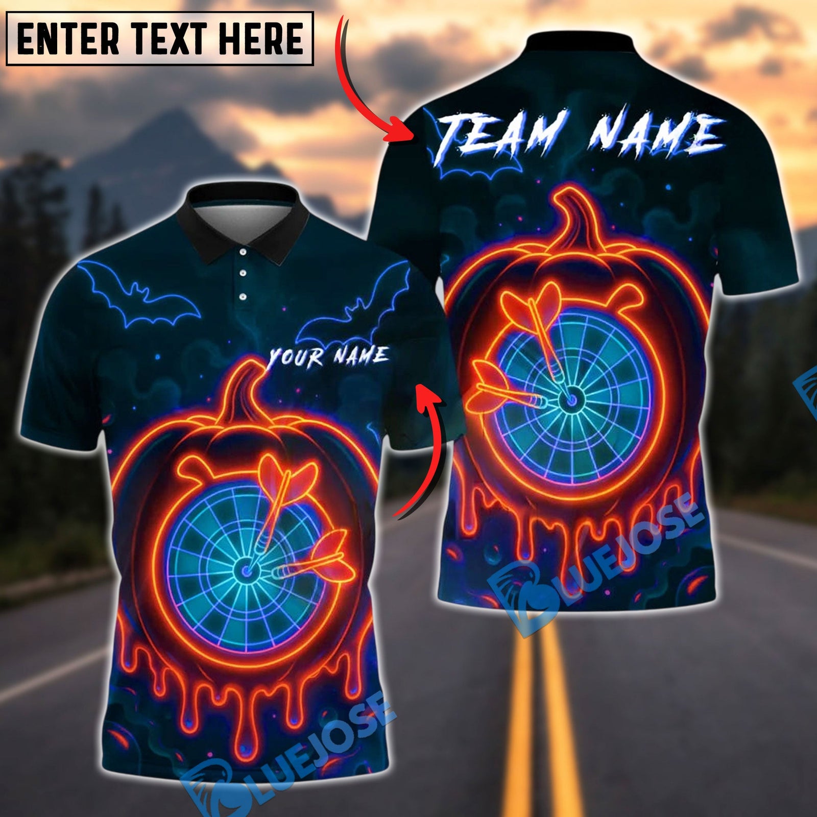 BlueJose Darts Halloween Pumpkin Dartboard Neon Glow Personalized Name, Team Name Unisex Shirt (4 Colors)