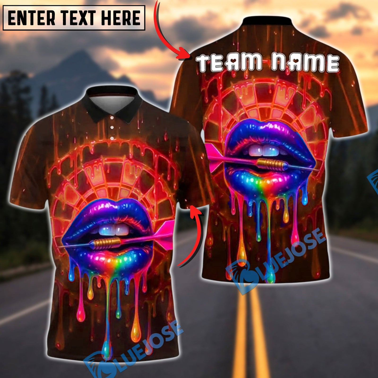 BlueJose Darts Neon Lips Rainbow Drip Personalized Name, Team Name Unisex Shirt (4 Colors)