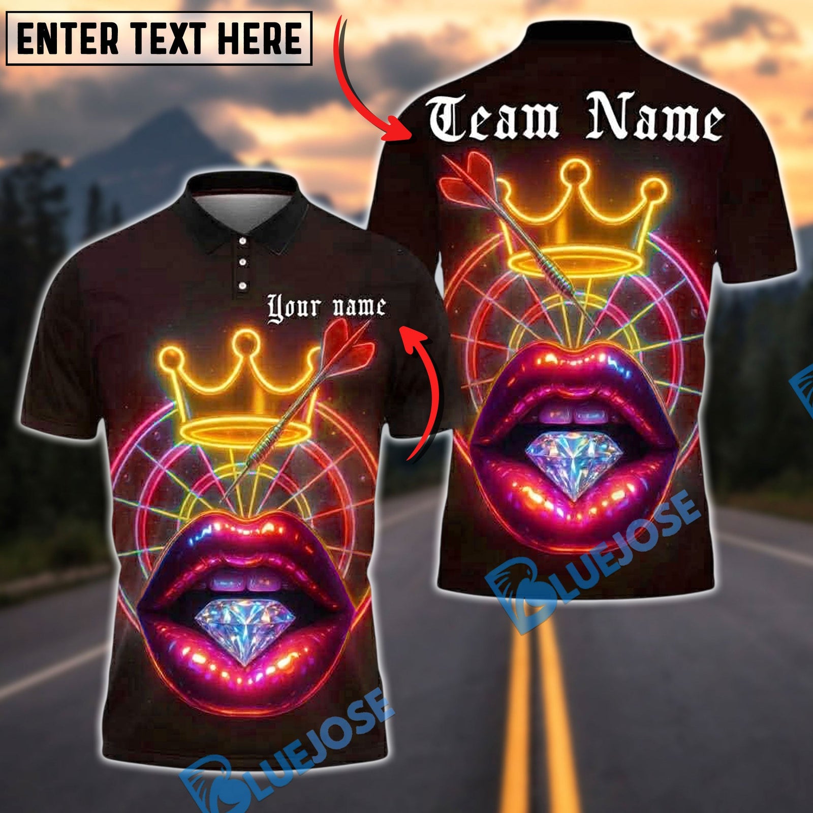 BlueJose Darts Neon Lips Diamond Crown Personalized Name, Team Name Unisex Shirt (4 Colors)
