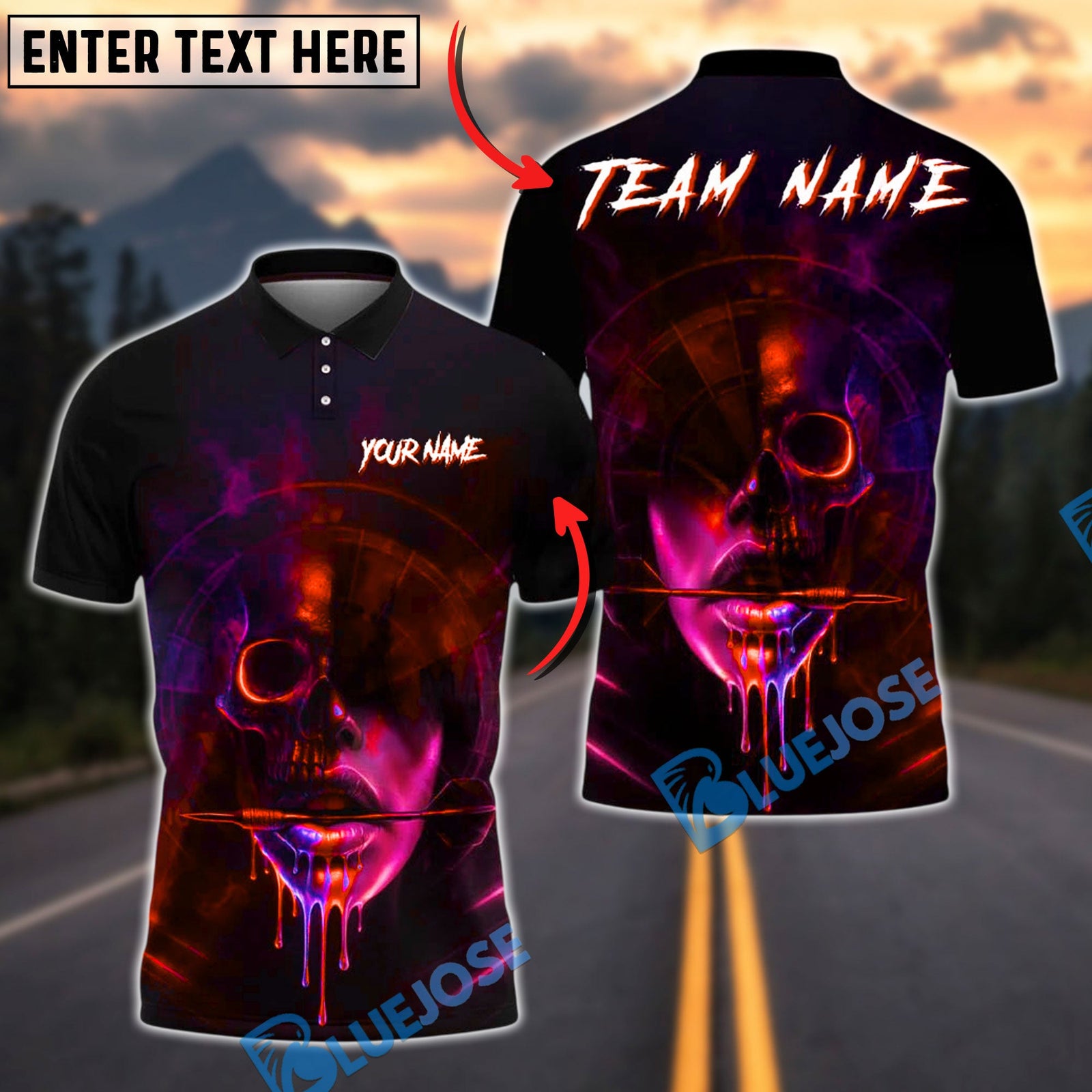 BlueJose Darts Neon Skull Lips Glow Personalized Name, Team Name Unisex Shirt (4 Colors)