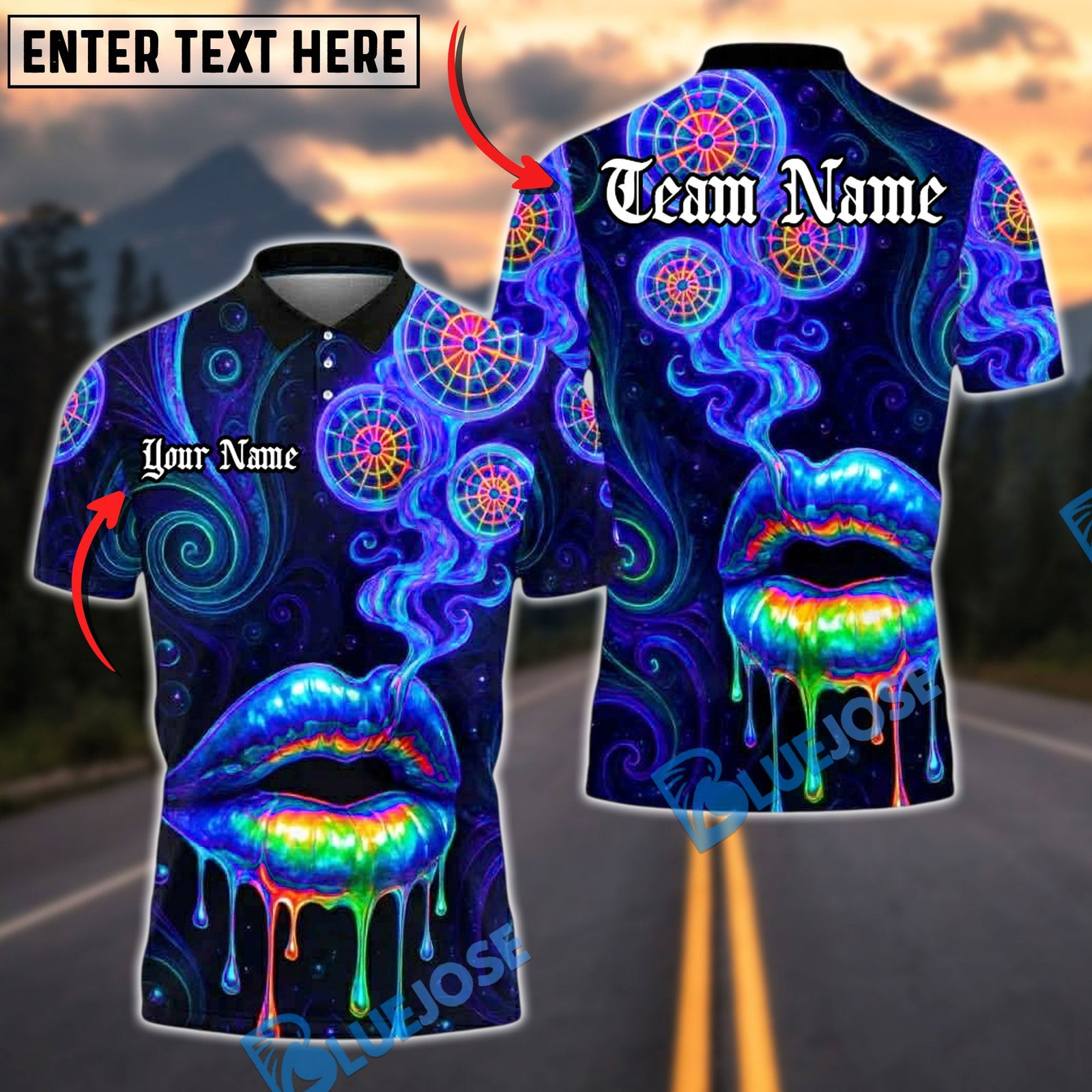 BlueJose Darts Neon Lips Smoke Psychedelic Personalized Name, Team Name Unisex Shirt (4 Colors)