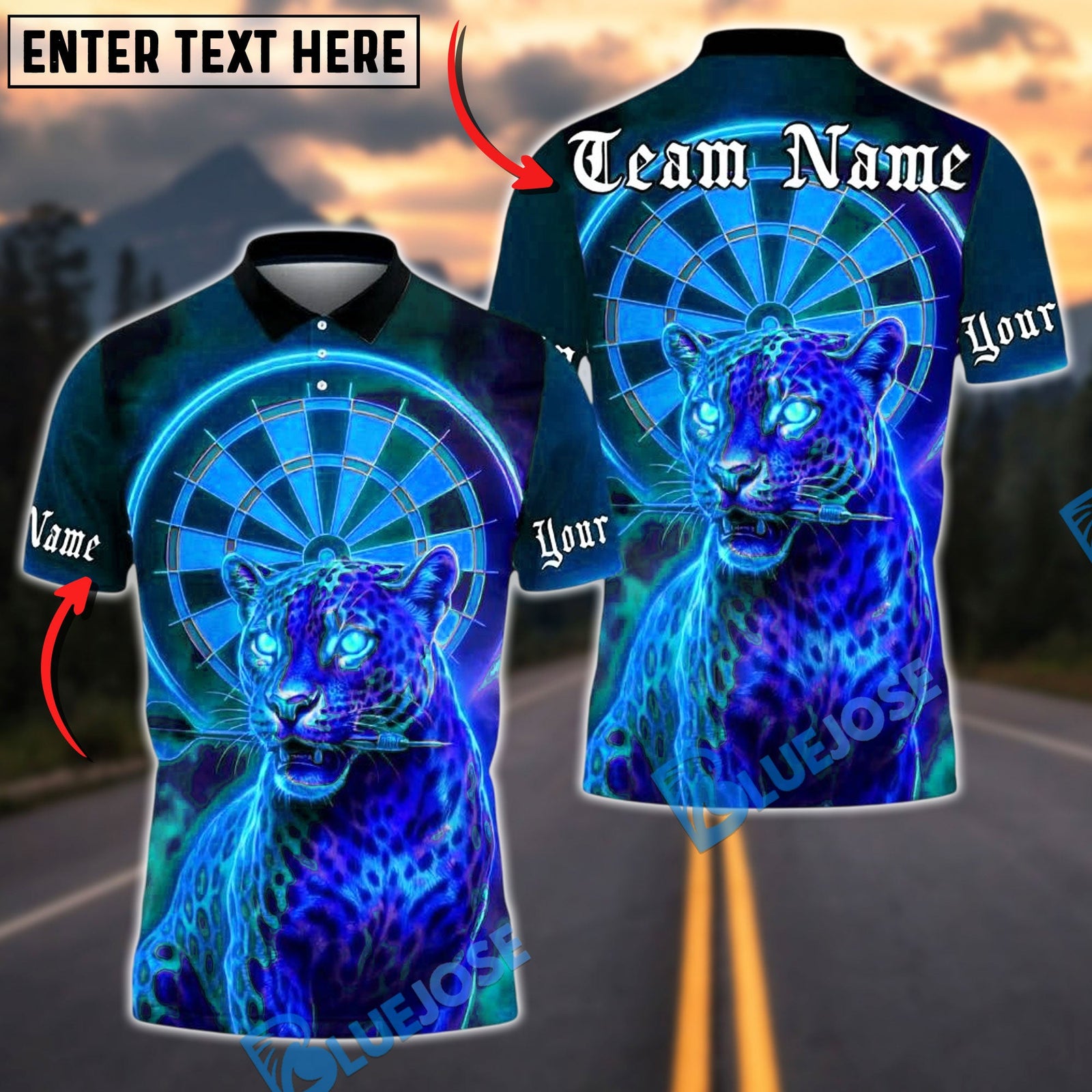 BlueJose Darts Neon Panther Dartboard Eyes Personalized Name, Team Name Unisex Shirt (4 Colors)