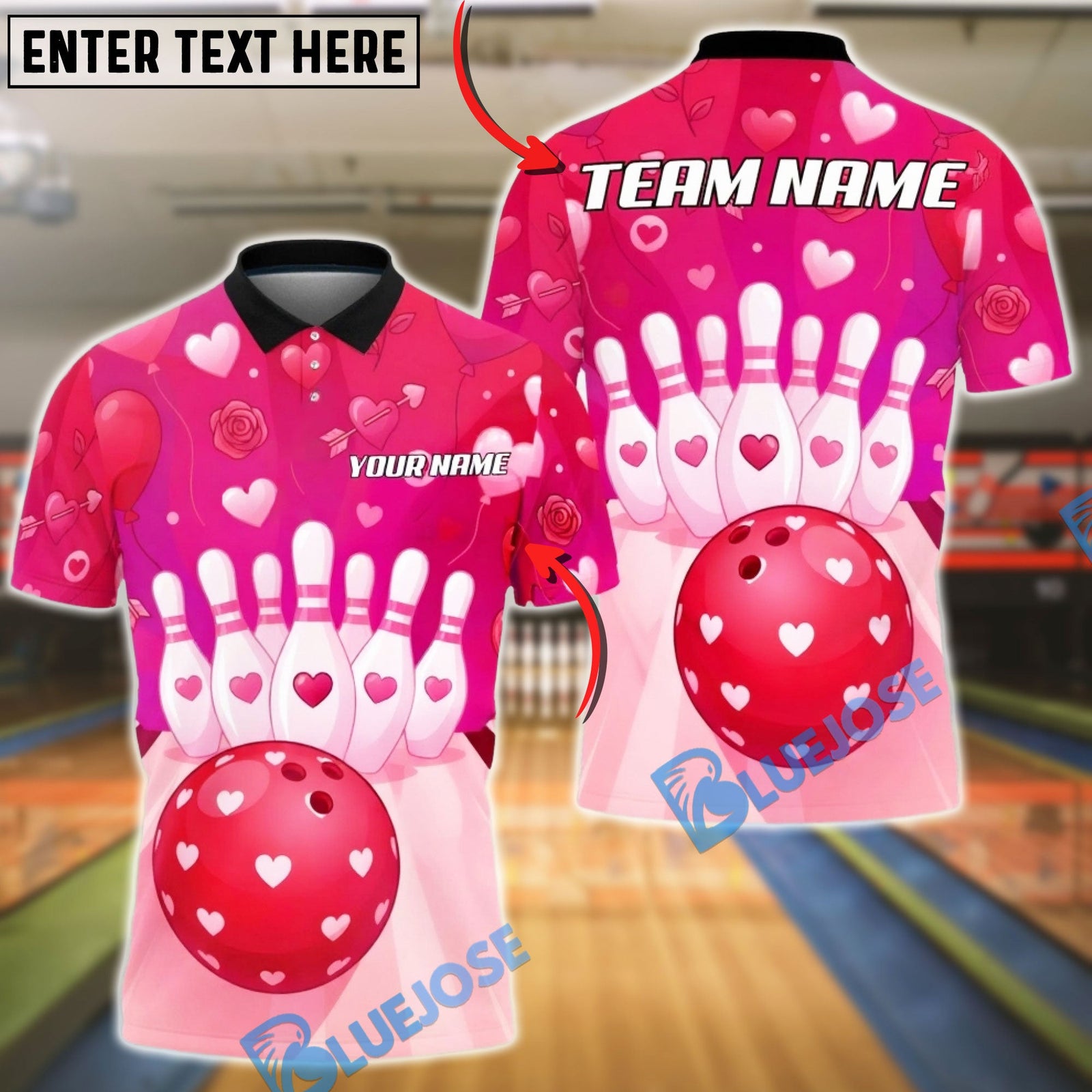 BlueJose Bowling Pink Heart Valentine Theme Design Personalized Name, Team Name 3D Shirt