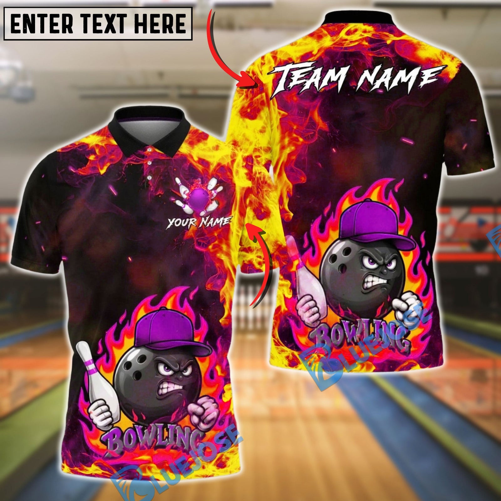 BlueJose Bowling And Pins Flame Ball Cartoon Fire Style Customized Name, Team Name 3D Shirt (4 Colors)
