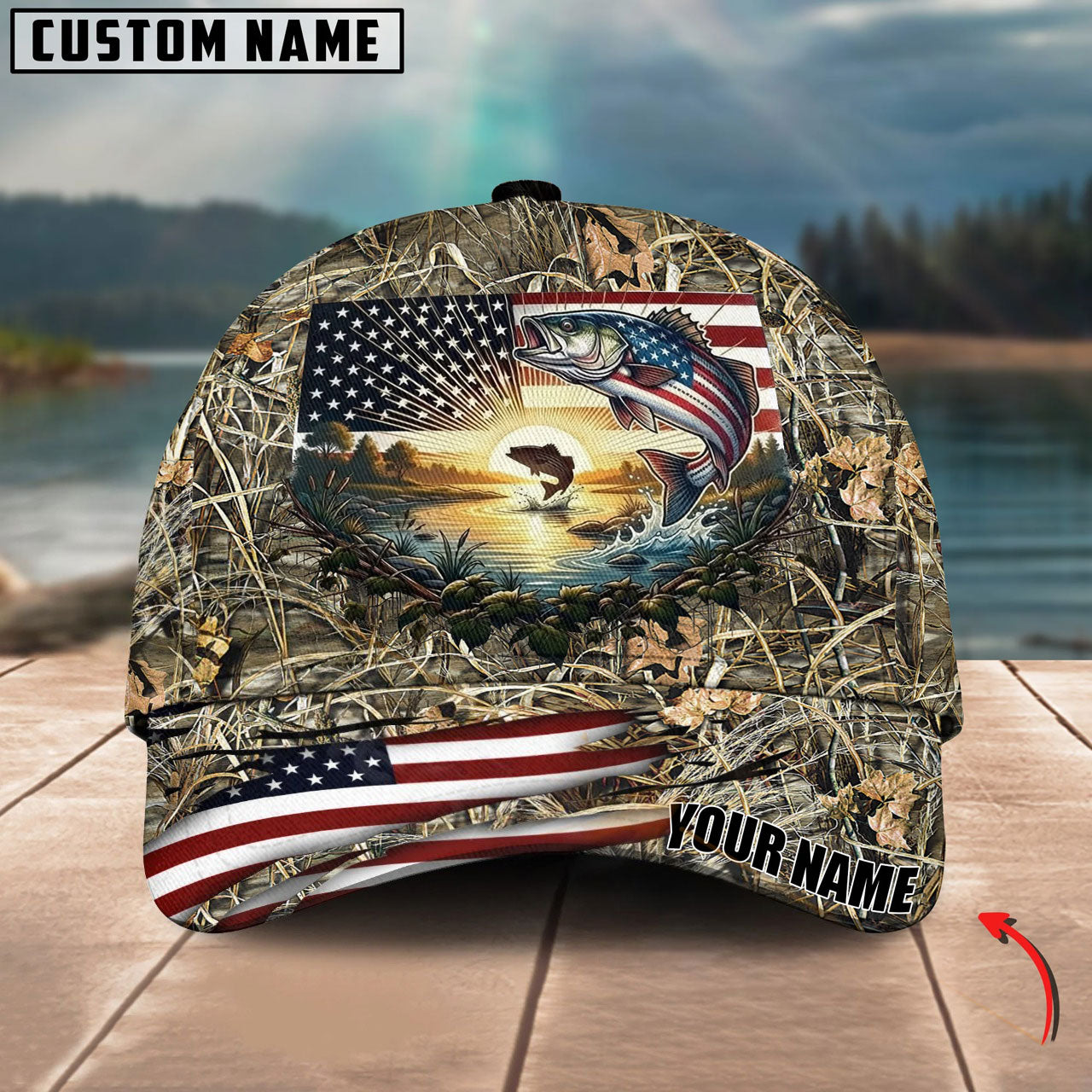 BlueJose Fishing American Flag Sunrise Farm Scene Camo Custom Name 3D Cap (12 Breeds)