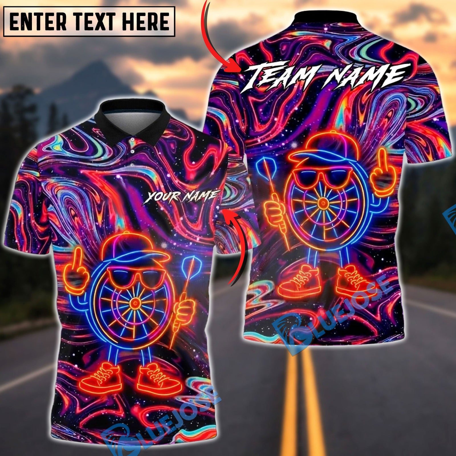 BlueJose Darts Neon Psychedelic Abstract Design Multicolor Options Personalized Name Shirt (4 Colors)
