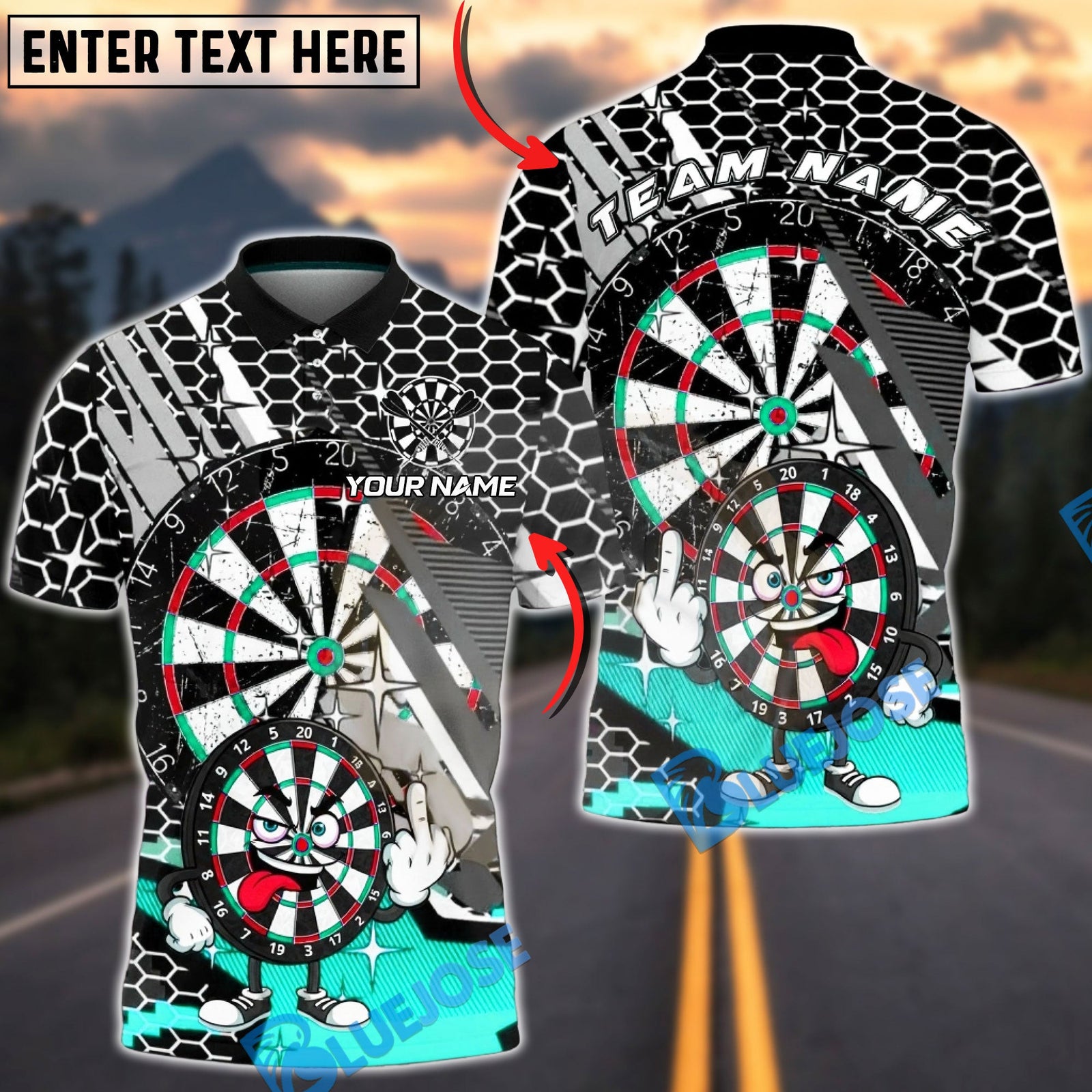 BlueJose Darts Cartoon Dartboard Honeycomb Pattern Multicolor Options Personalized Name Shirt (4 Colors)