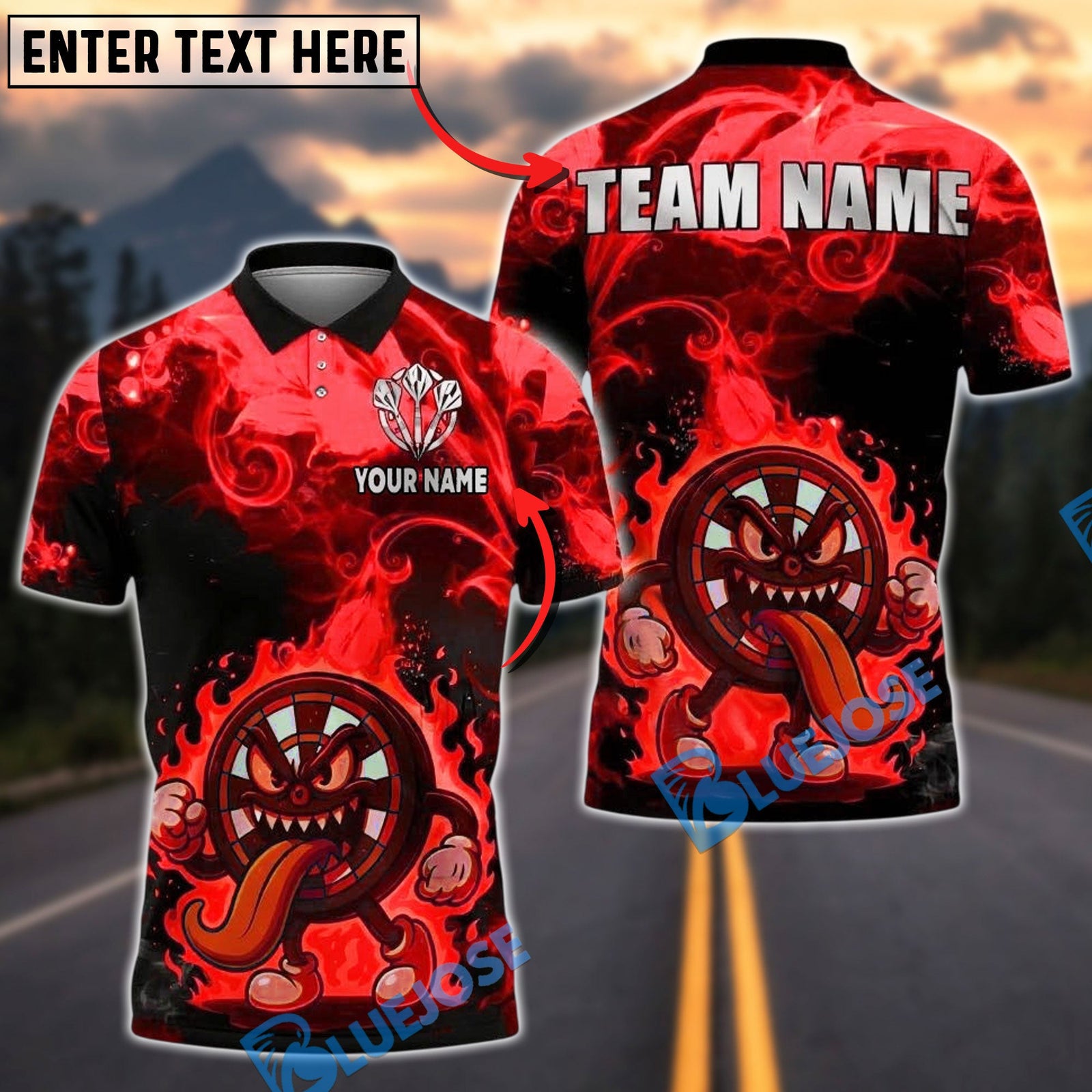 BlueJose Darts Dartboard Cartoon Crazy Flame Personalized Name, Team Name Unisex Shirt (4 Colors)
