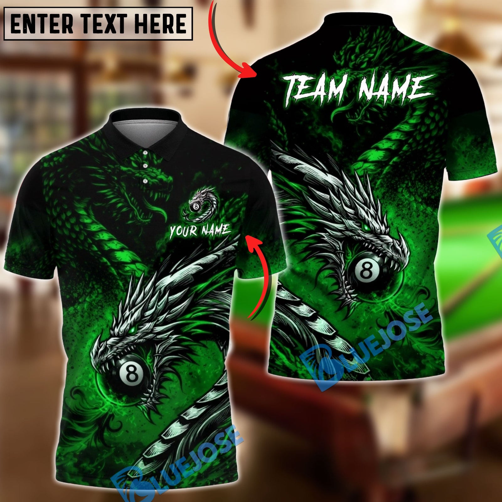 BlueJose Billiards Dragon 8 Ball Fire Shadow Customized Name, Team Name 3D Shirt (6 Colors)