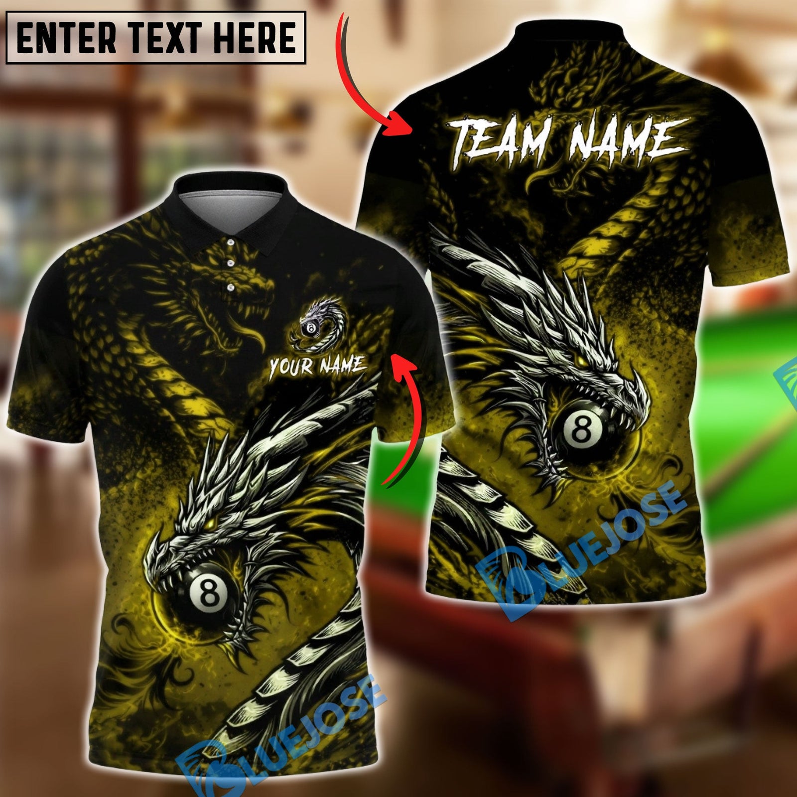 BlueJose Billiards Dragon 8 Ball Fire Shadow Customized Name, Team Name 3D Shirt (6 Colors)