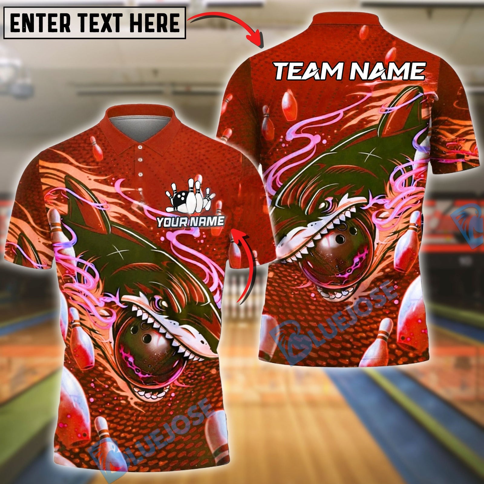 BlueJose Bowling & Pins Shark Striking Ball Neon Ocean Style Customized Name, Team Name 3D Shirt (4 Colors)