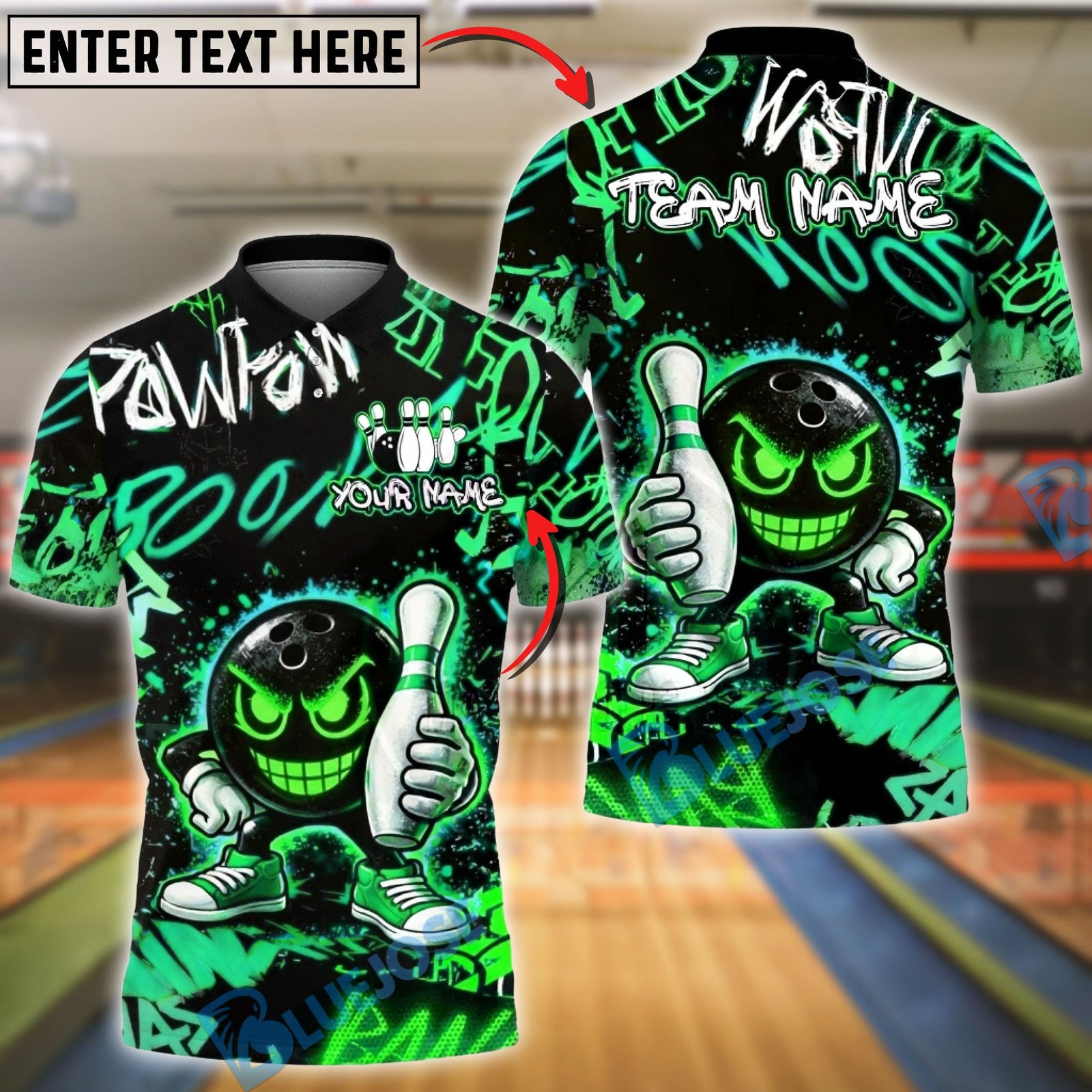 BlueJose Bowling & Pins Neon Graffiti Smiley Bowling Ball Graphic Customized Name, Team Name 3D Shirt (4 Colors)