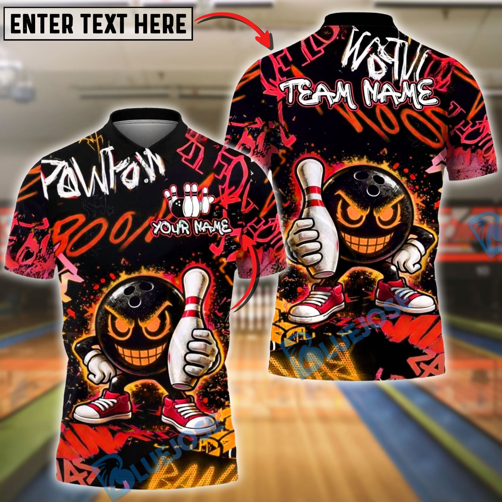 BlueJose Bowling & Pins Neon Graffiti Smiley Bowling Ball Graphic Customized Name, Team Name 3D Shirt (4 Colors)