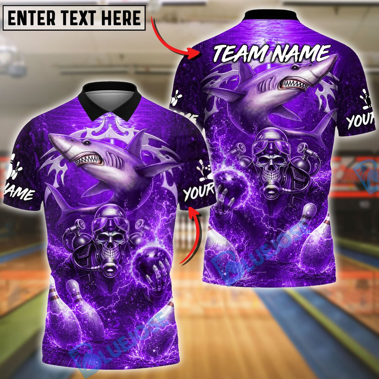 BlueJose Bowling & Pins Shark & Scuba Skull Electric Ocean Graphic Customized Name, Team Name 3D Shirt (6 Colors)