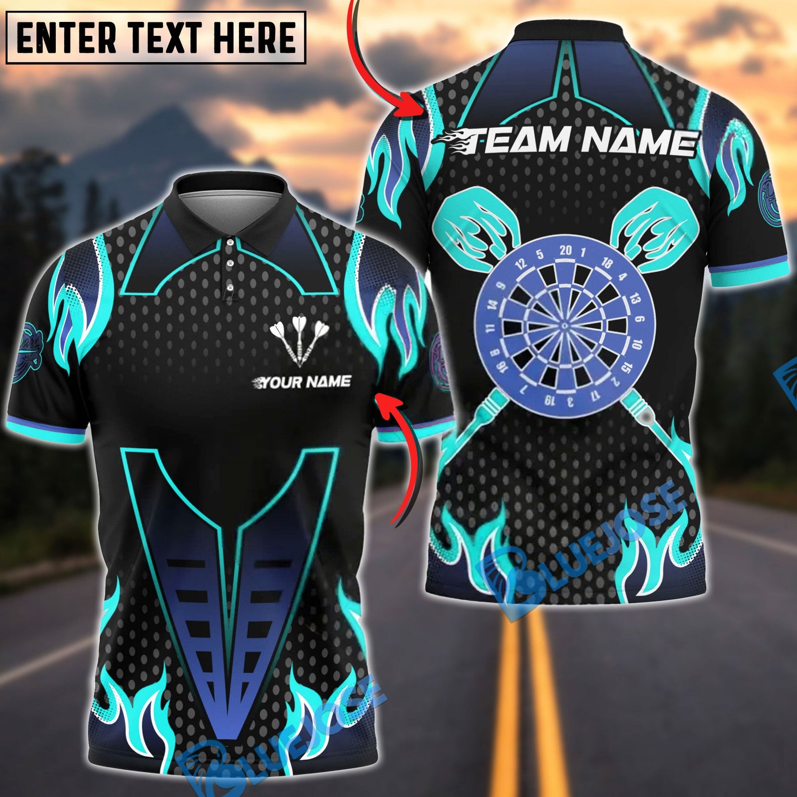 BlueJose Darts Flame Dartboard Classic Pattern Multicolor Options Personalized Name Shirt (4 Colors)