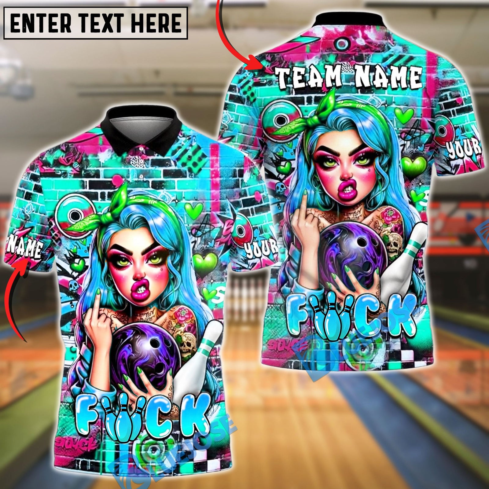 BlueJose Bowling & Pins Punk Girl Graffiti Wall Bowling Ball Tattoo Style Customized Name, Team Name 3D Shirt (6 Colors)