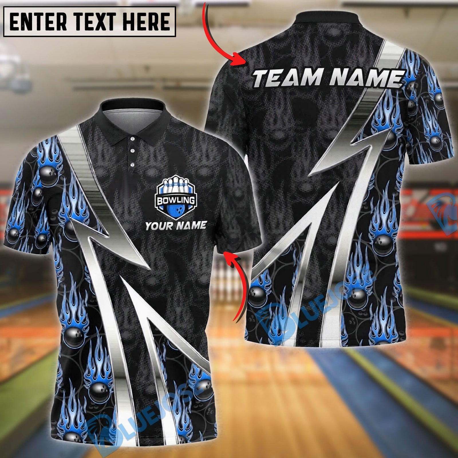 BlueJose Bowling And Pins Fire Ball Pattern Customized Name, Team Name 3D Shirt (4 Colors)