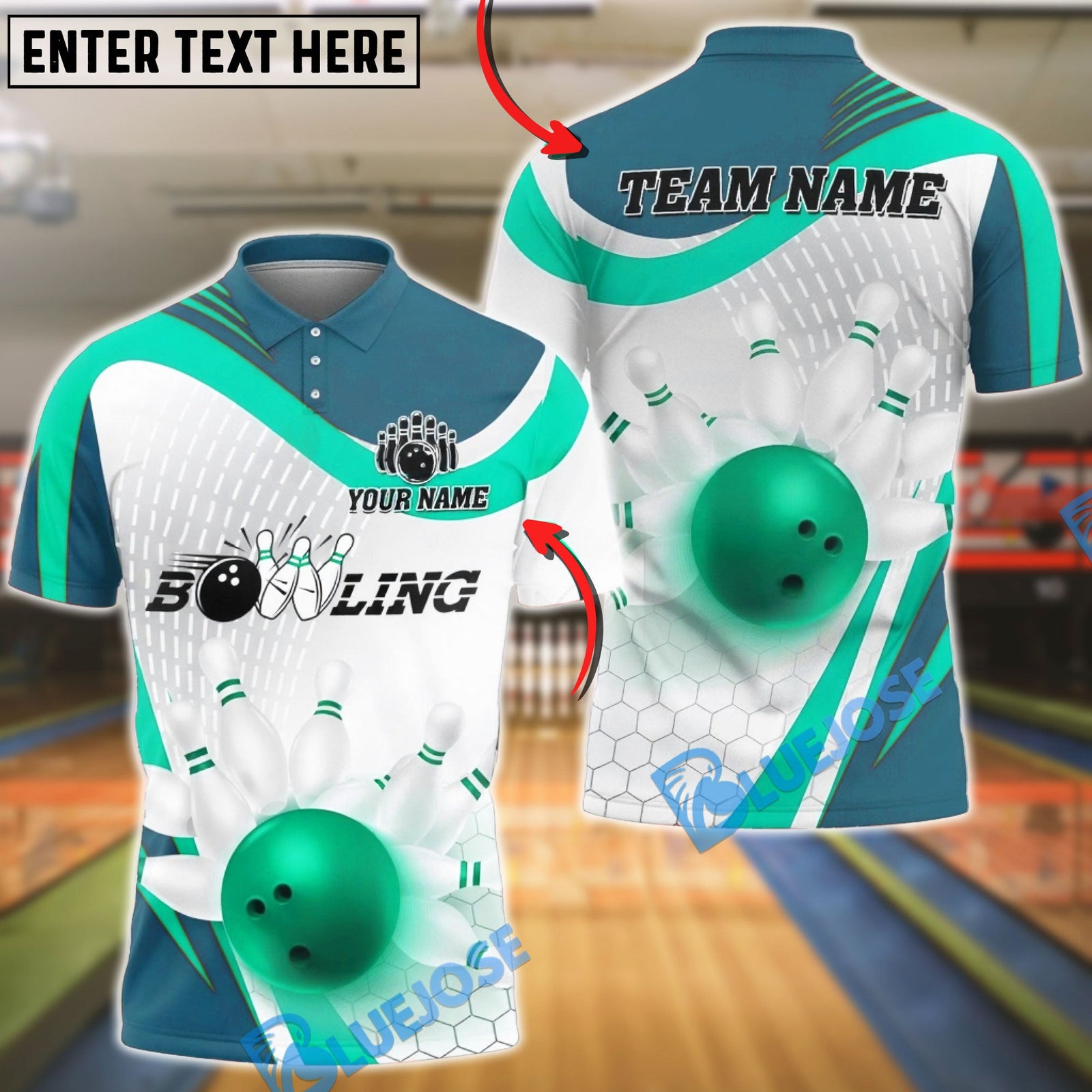 BlueJose Bowling And Pins Strike Hexagon Motion Customized Name, Team Name 3D Shirt (4 Colors)