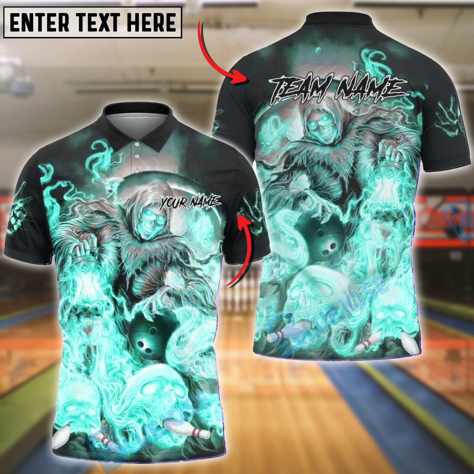BlueJose Bowling & Pins Grim Reaper Skull Smoke Customized Name, Team Name 3D Shirt (4 Colors)