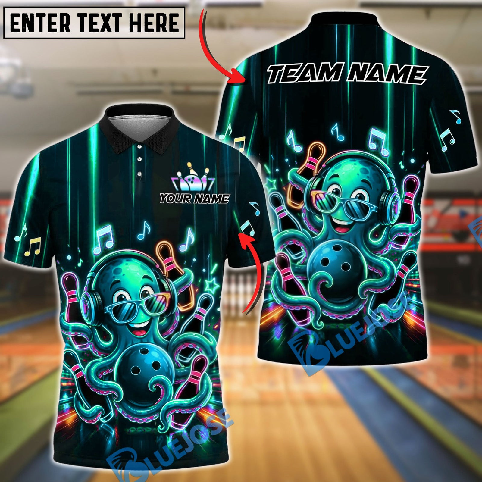 BlueJose Bowling Retro Party Octopus Sunglasses Vibrant Colorful Graphic Customized Name, Team Name 3D Shirt (4 Colors)