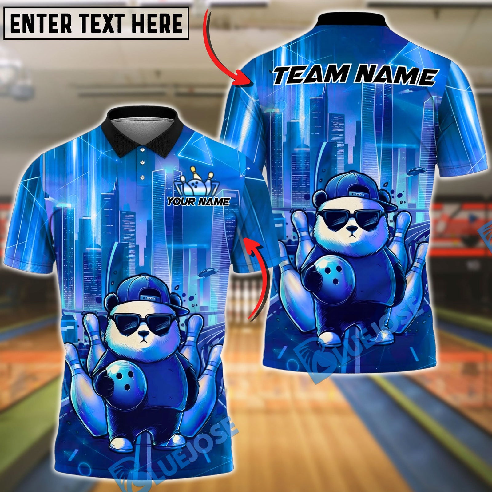 BlueJose Bowling Cool Swag Panda Synthwave Retro Cyberpunk Cityscape Customized Name, Team Name 3D Shirt (4 Colors)