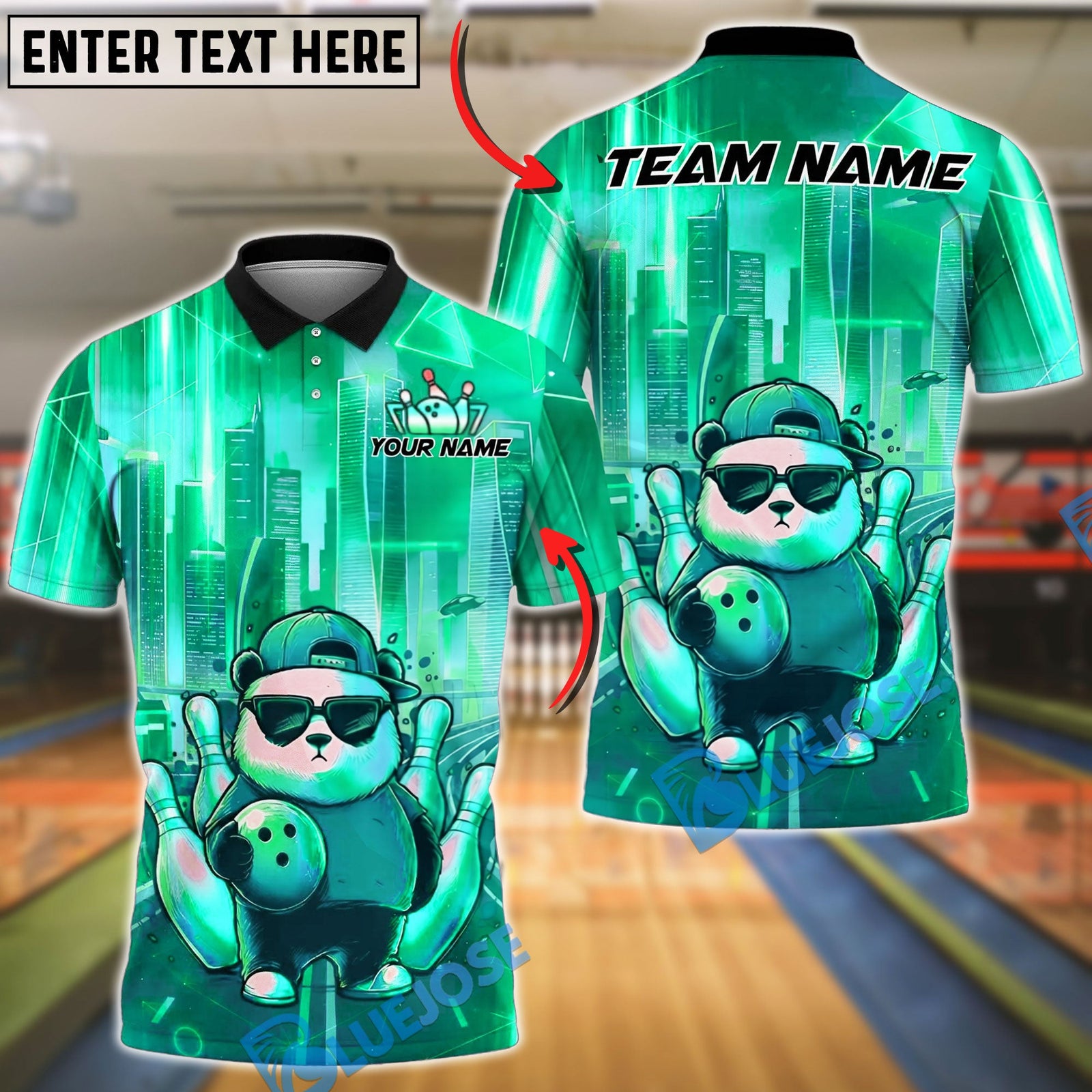 BlueJose Bowling Cool Swag Panda Synthwave Retro Cyberpunk Cityscape Customized Name, Team Name 3D Shirt (4 Colors)