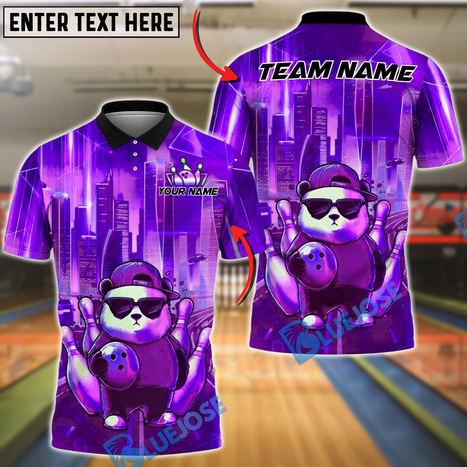 BlueJose Bowling Cool Swag Panda Synthwave Retro Cyberpunk Cityscape Customized Name, Team Name 3D Shirt (4 Colors)