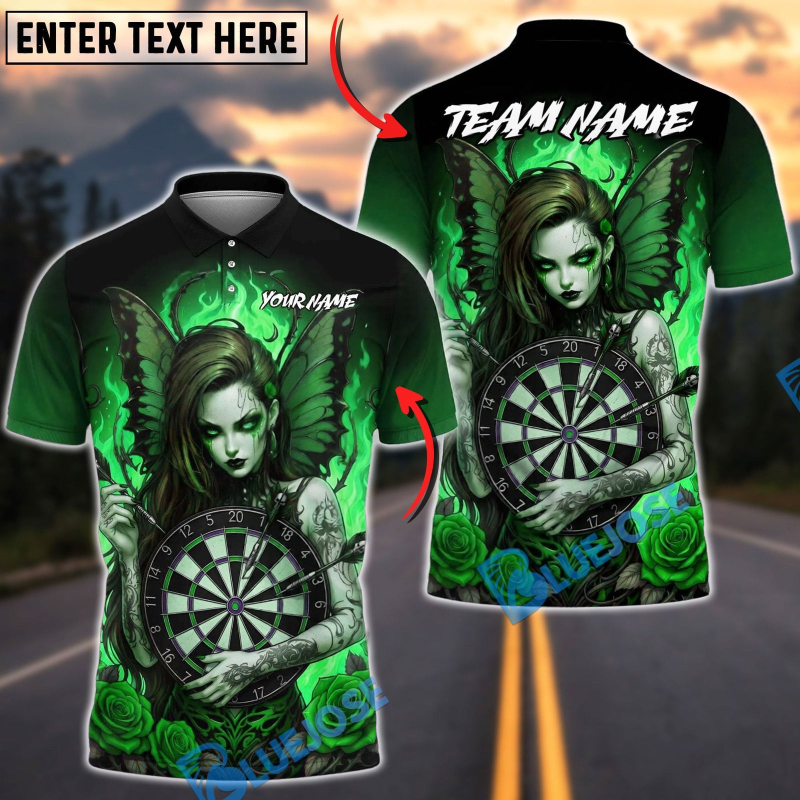 BlueJose Darts Dartboard Dark Gothic Fairy Girl Wings Roses Personalized Name, Team Name Unisex Shirt (4 Colors)