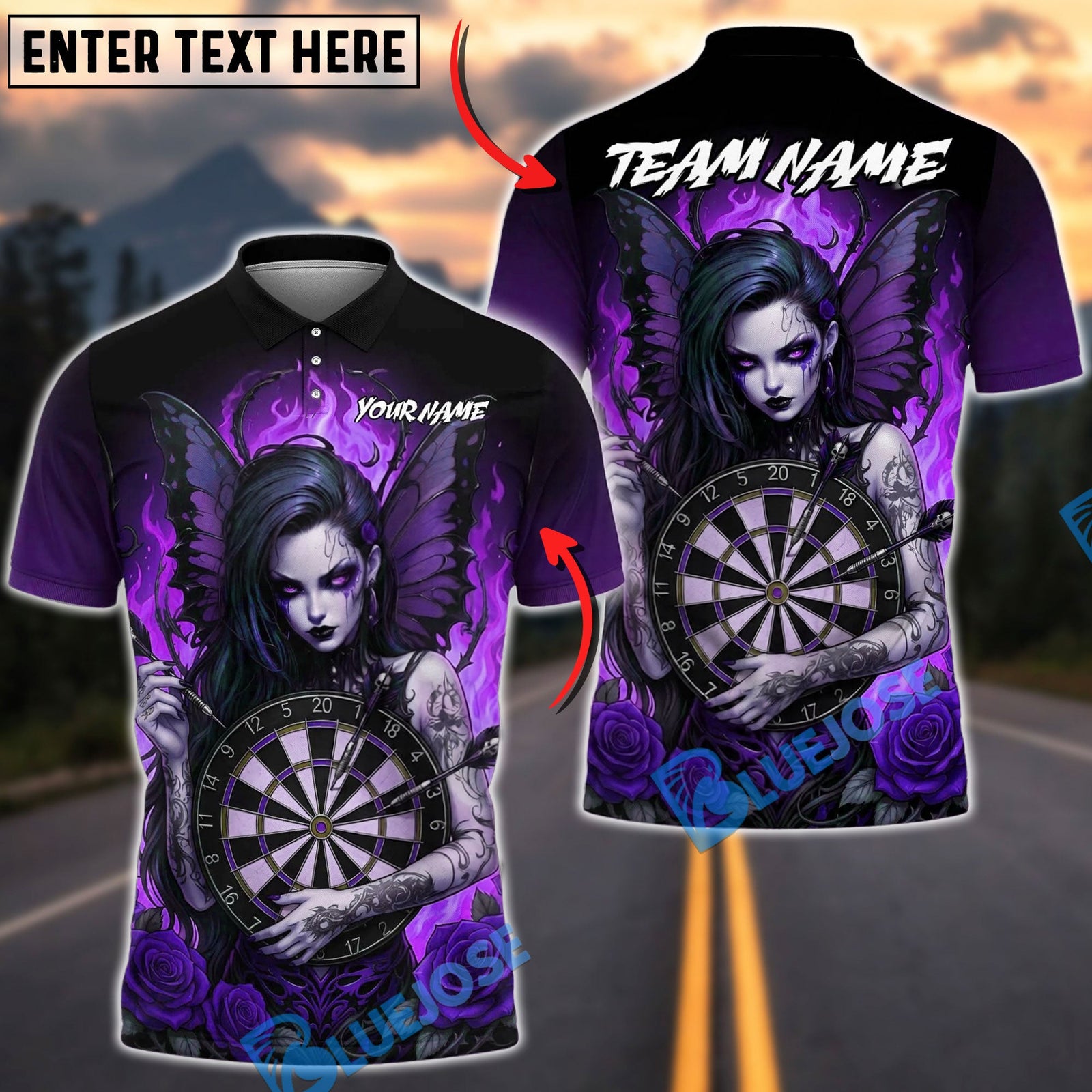 BlueJose Darts Dartboard Dark Gothic Fairy Girl Wings Roses Personalized Name, Team Name Unisex Shirt (4 Colors)