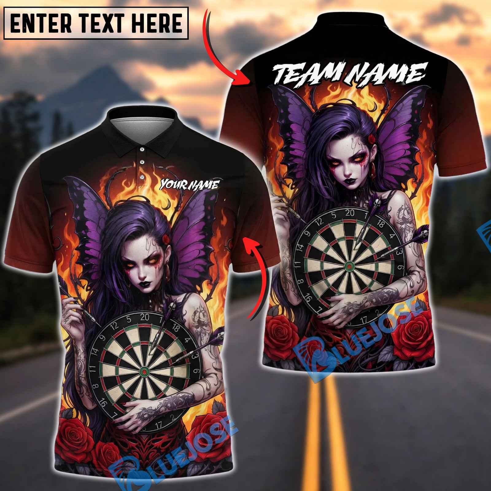 BlueJose Darts Dartboard Dark Gothic Fairy Girl Wings Roses Personalized Name, Team Name Unisex Shirt (4 Colors)
