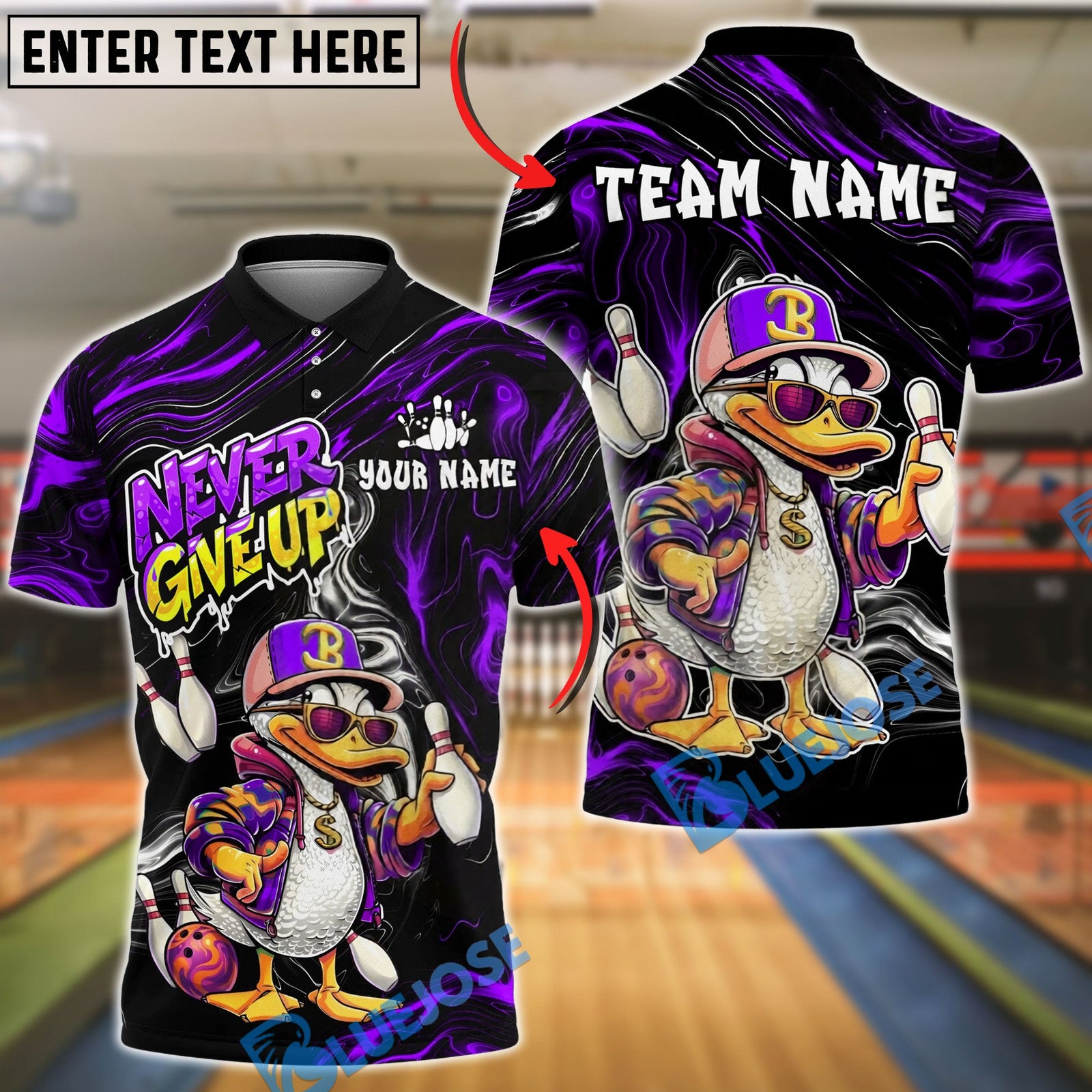 BlueJose Bowling Funny Duck Cartoon Character Urban Streetwear Vibrant Sportswear Customized Name, Team Name 3D Shirt (4 Colors)