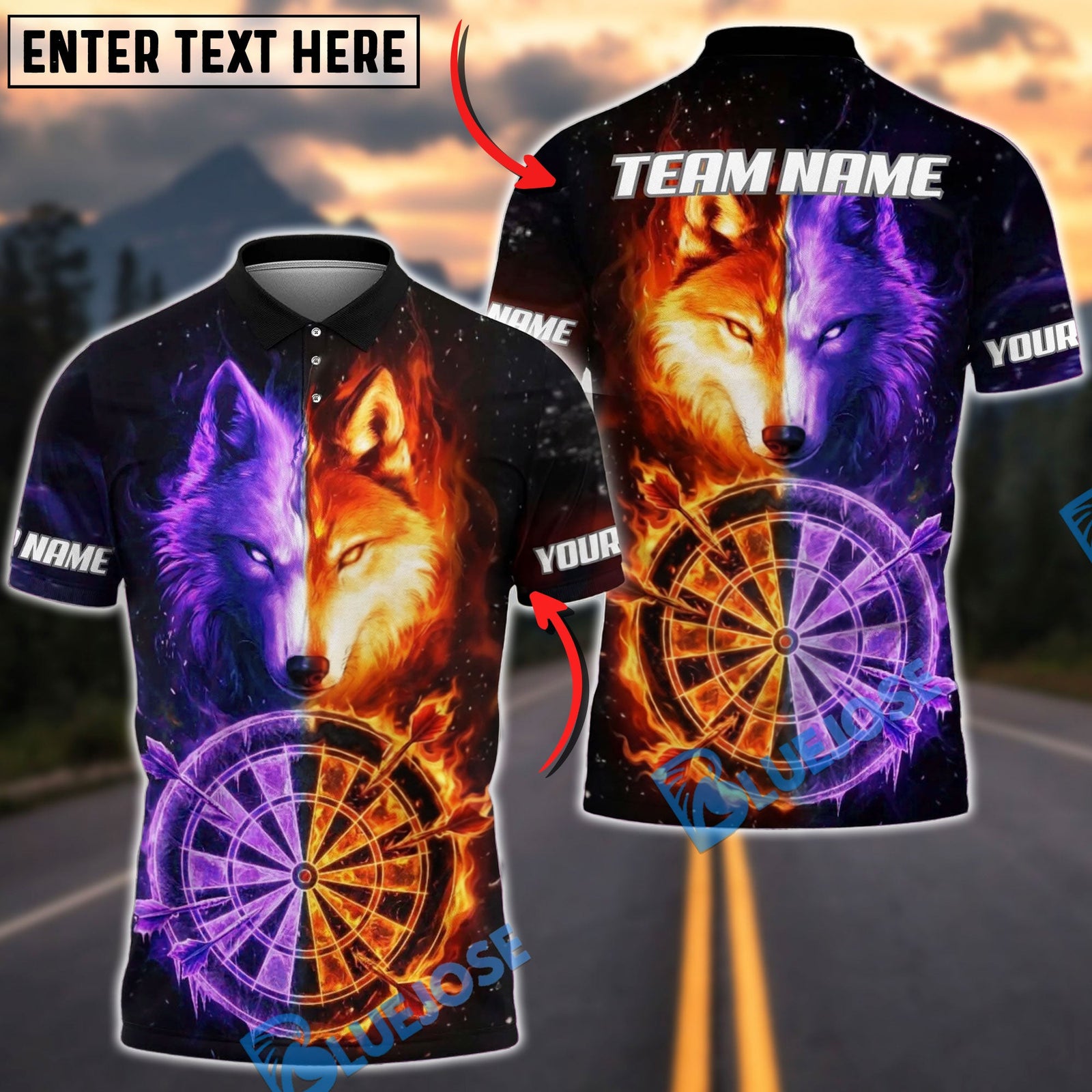 BlueJose Darts Elemental Fire And Ice Wolves Mythical Creatures Personalized Name, Team Name Unisex Shirt (4 Colors)