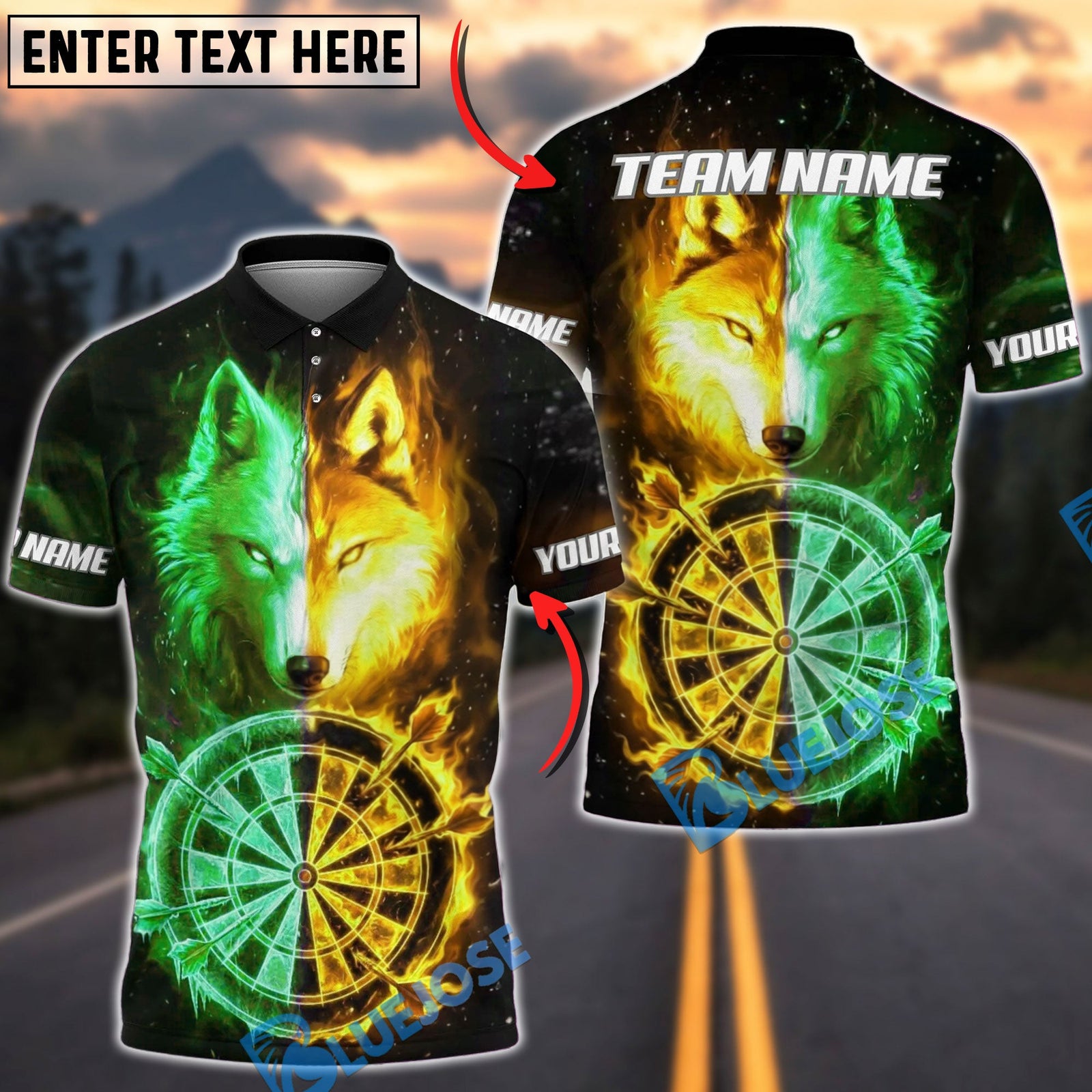 BlueJose Darts Elemental Fire And Ice Wolves Mythical Creatures Personalized Name, Team Name Unisex Shirt (4 Colors)