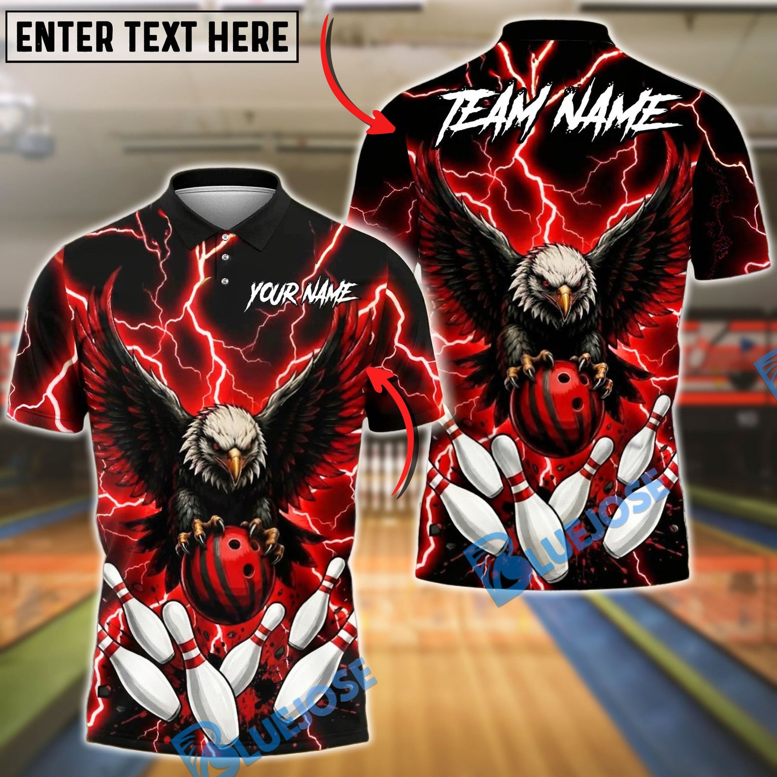 BlueJose Bowling Fierce Bald Eagle Lightning Storm Talons Gripping Ball Customized Name, Team Name 3D Shirt (4 Colors)