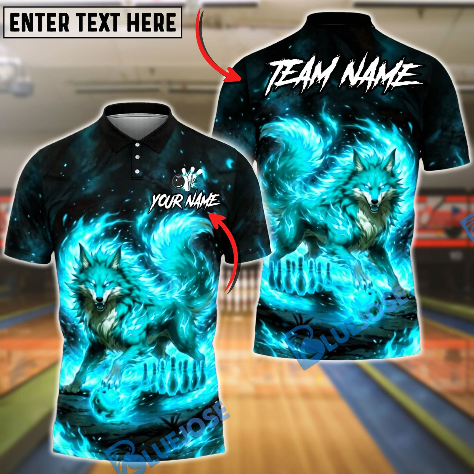 BlueJose Bowling Fire Fox Nine Tailed Mythical Creature Burning Flame Customized Name, Team Name 3D Shirt (4 Colors)