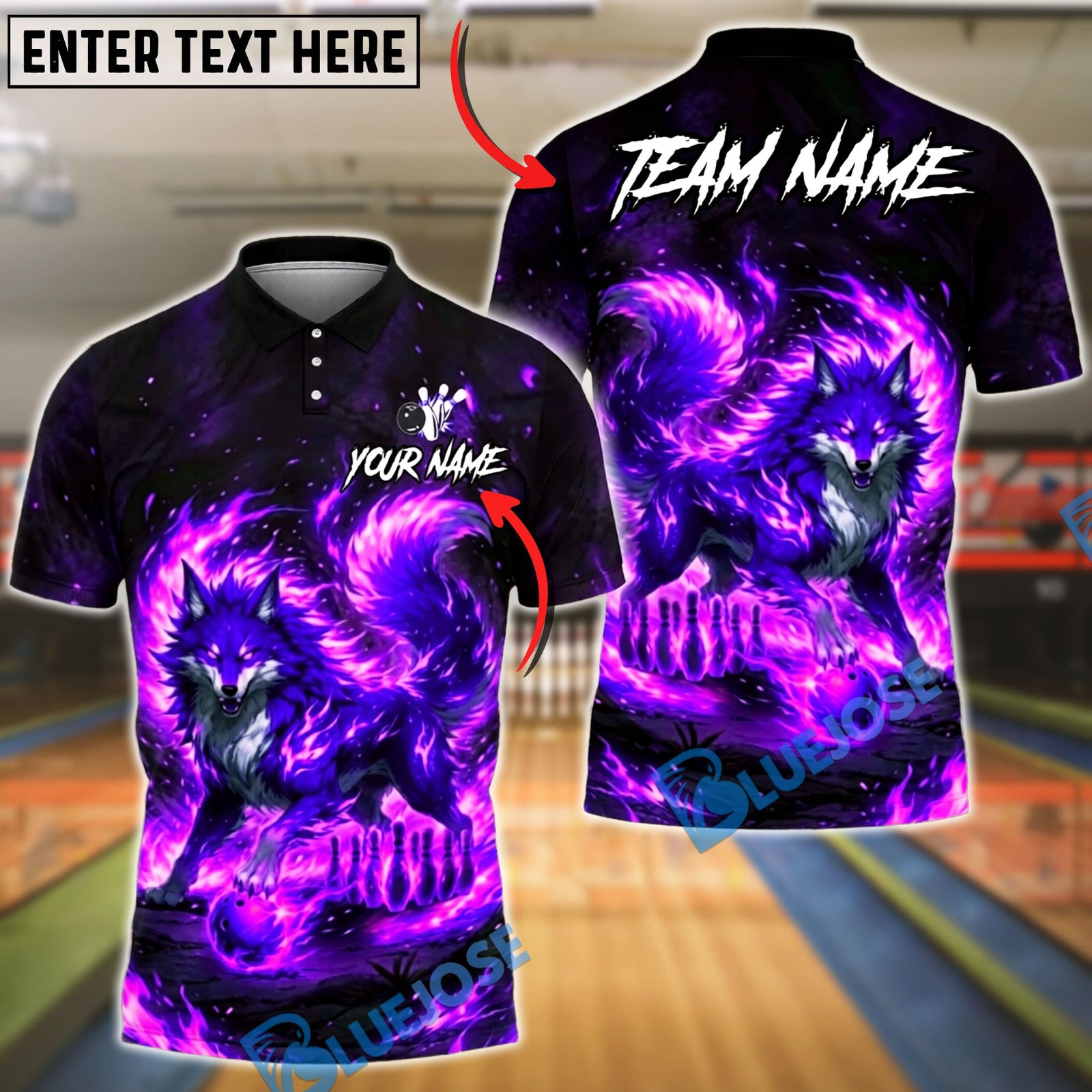 BlueJose Bowling Fire Fox Nine Tailed Mythical Creature Burning Flame Customized Name, Team Name 3D Shirt (4 Colors)