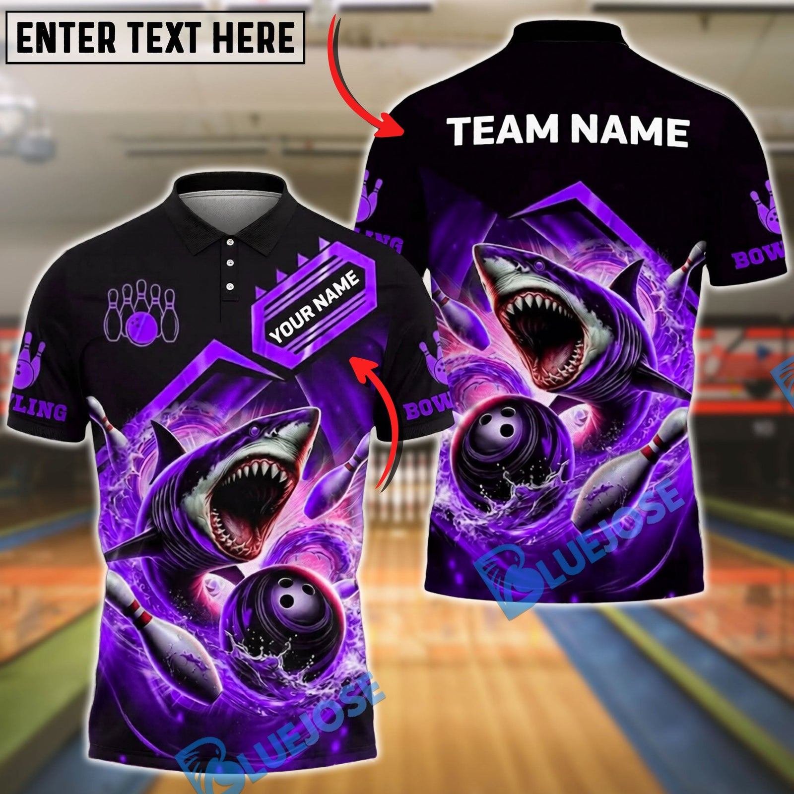 BlueJose Bowling Angry Great White Shark Ocean Water Splash Jumping Customized Name, Team Name 3D Shirt (4 Colors)