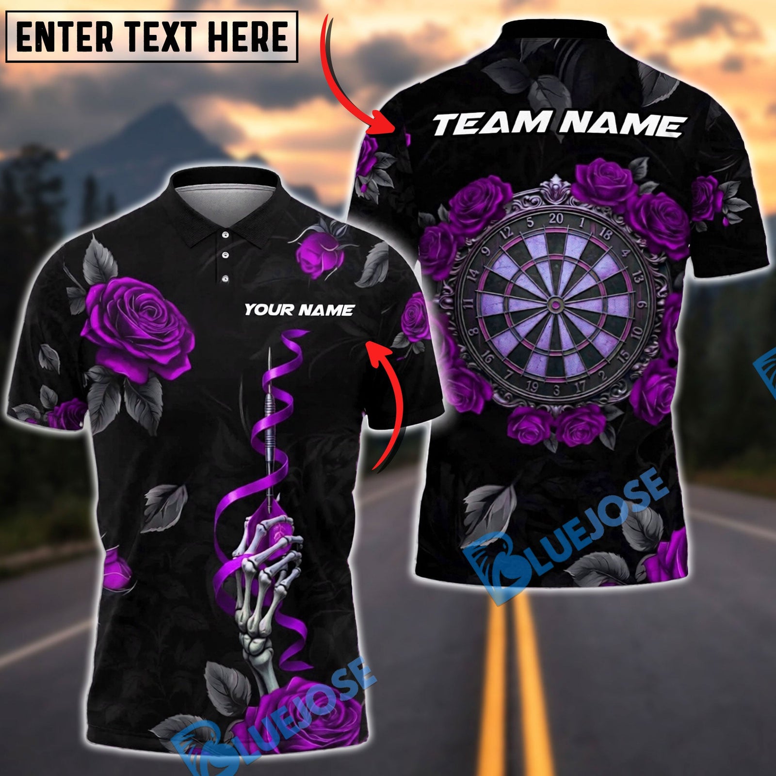 BlueJose Darts Skeleton Rose Shirt Dark Floral Theme Personalized Name, Team Name Unisex Shirt (4 Colors)