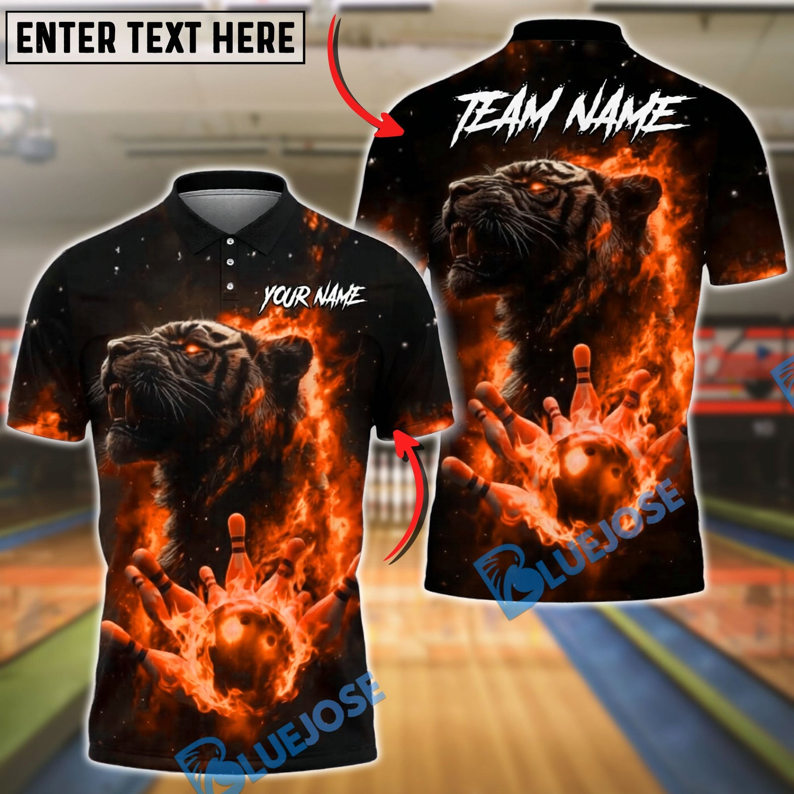 BlueJose Bowling And Pins Flame Tiger Spirit Strike Customized Name, Team Name 3D Shirt (4 Colors)