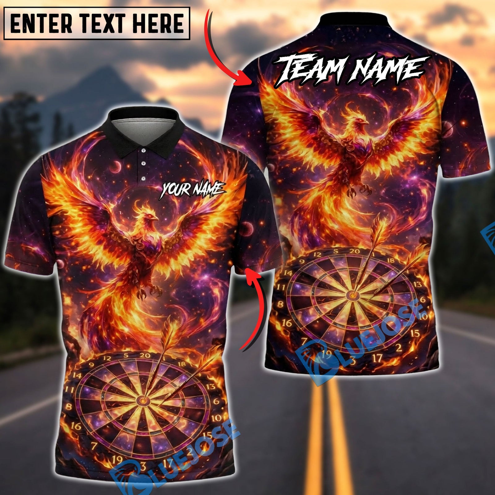 BlueJose Darts Phoenix Firebird Dartboard Personalized Name, Team Name Unisex Shirt (4 Colors)