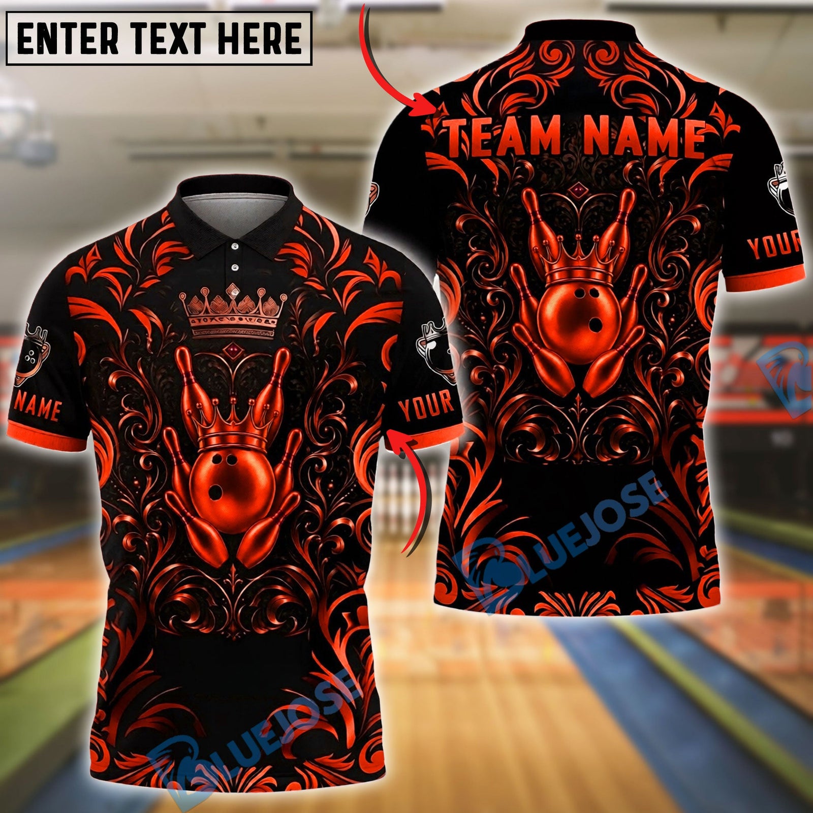 BlueJose Bowling And Pins King Gold Crown Royal Style Customized Name, Team Name 3D Shirt (6 Colors)