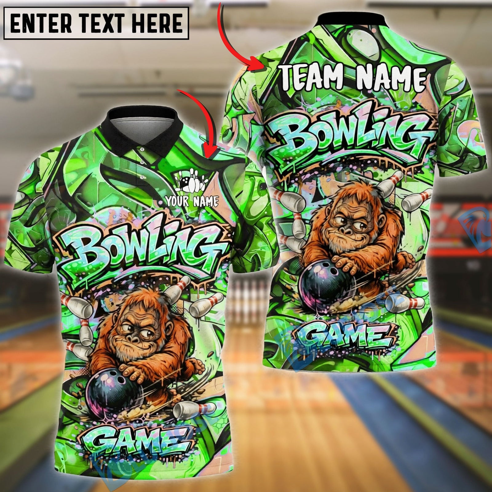 BlueJose Bowling And Pins Graffiti Gorilla BigFoot Street Art Style Customized Name, Team Name 3D Shirt (4 Colors)