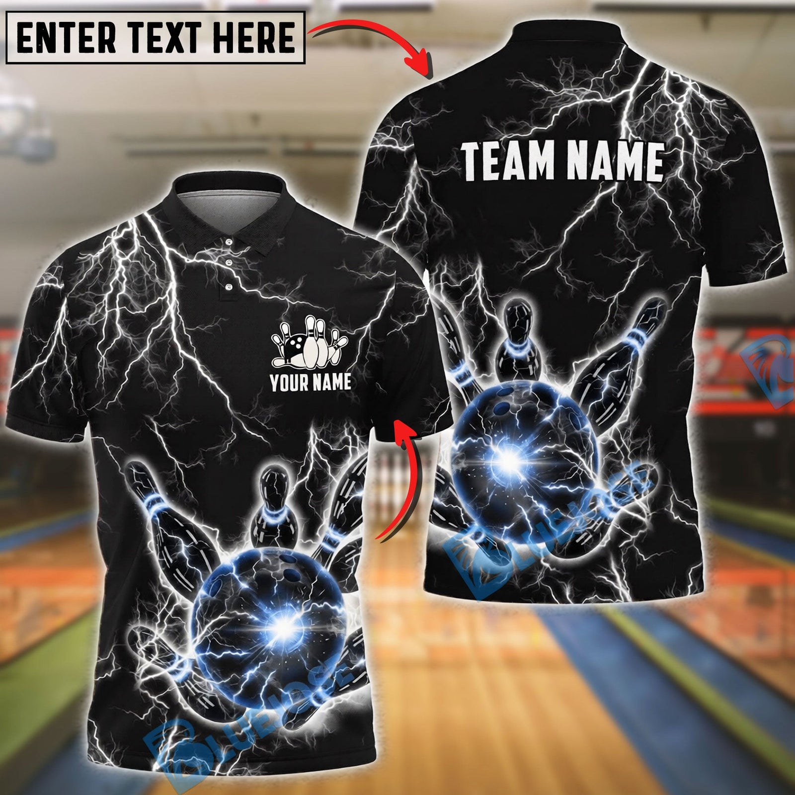 BlueJose Bowling And Pins Lightning Strike Electric Ball Power Customized Name, Team Name 3D Shirt (6 Colors)