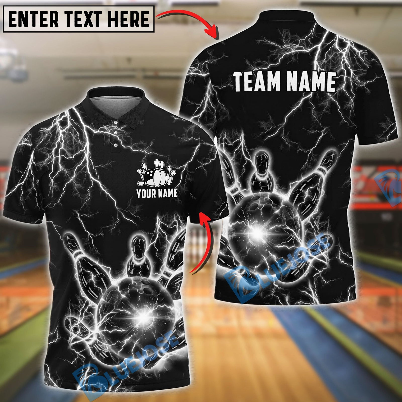 BlueJose Bowling And Pins Lightning Strike Electric Ball Power Customized Name, Team Name 3D Shirt (6 Colors)