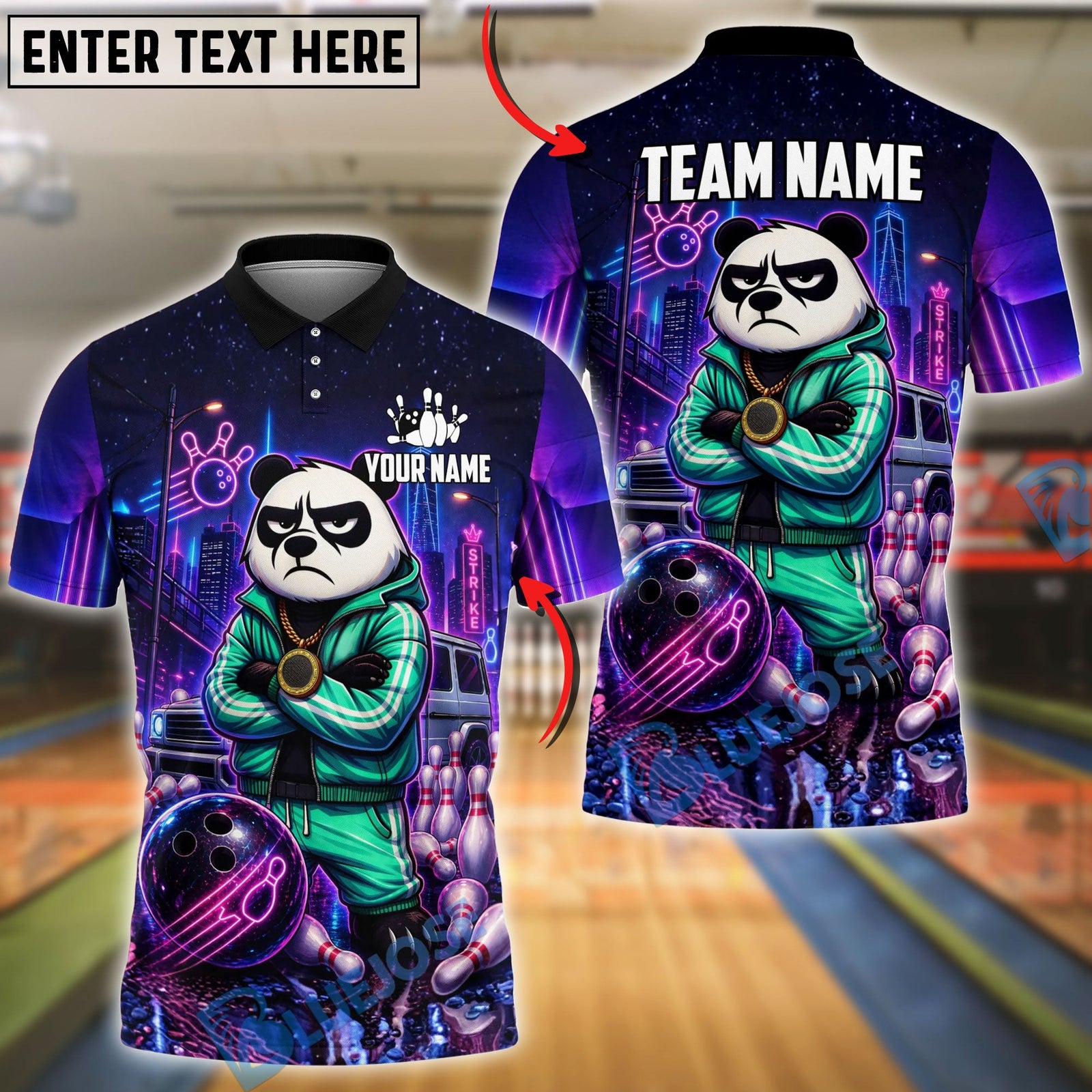 BlueJose Bowling And Pins Cyberpunk Panda Neon Street Style Customized Name, Team Name 3D Shirt (4 Colors)
