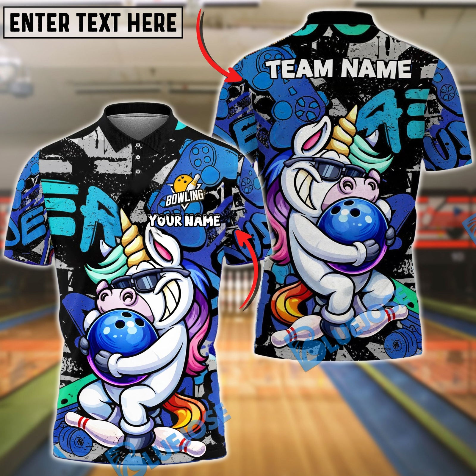 BlueJose Bowling And Pins Unicorn Funny Cartoon Hug Ball Customized Name, Team Name 3D Shirt (4 Colors)