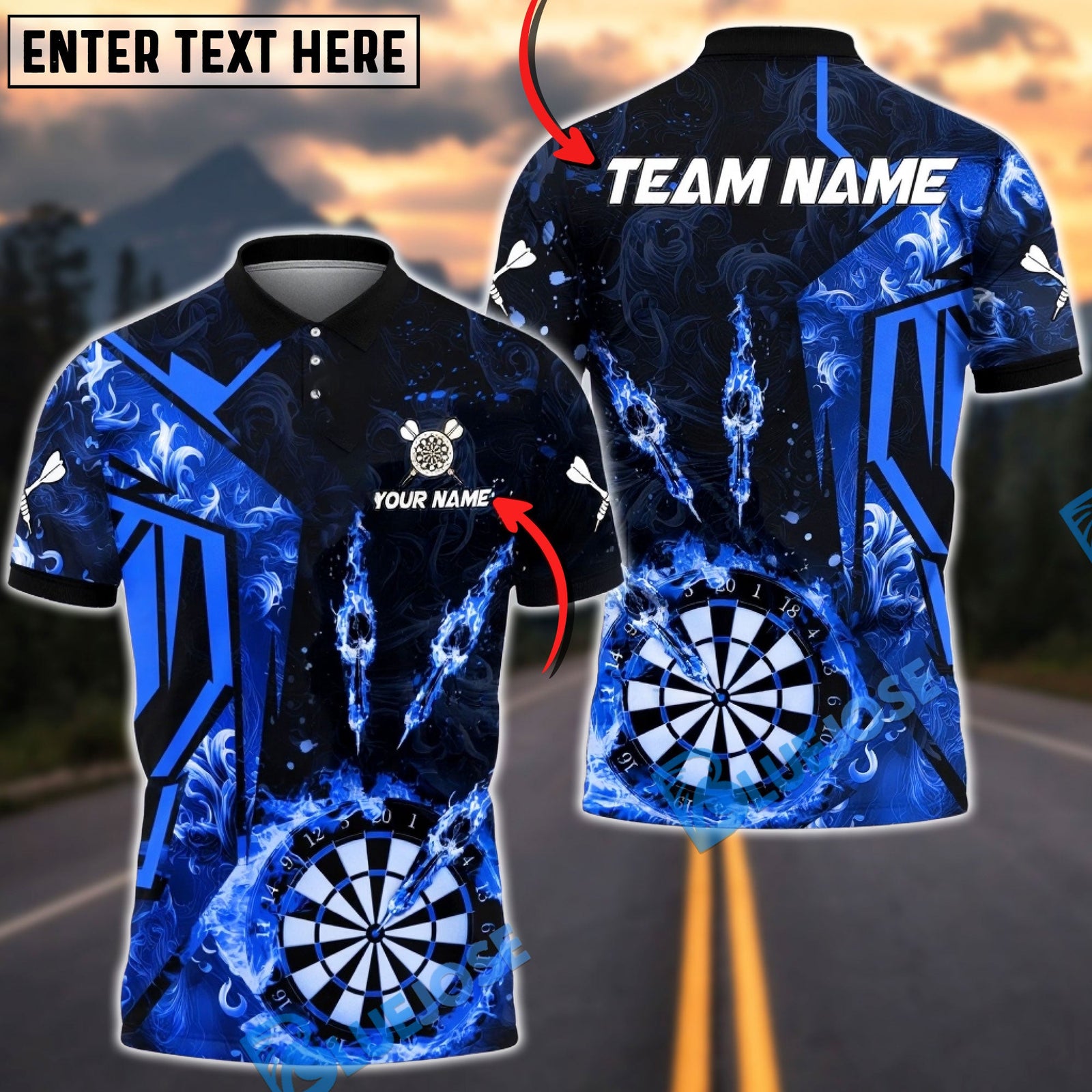 BlueJose Darts Flame Dartboard Darts Player Three Arrows Multicolor Options Personalized Name Shirt (4 Colors)