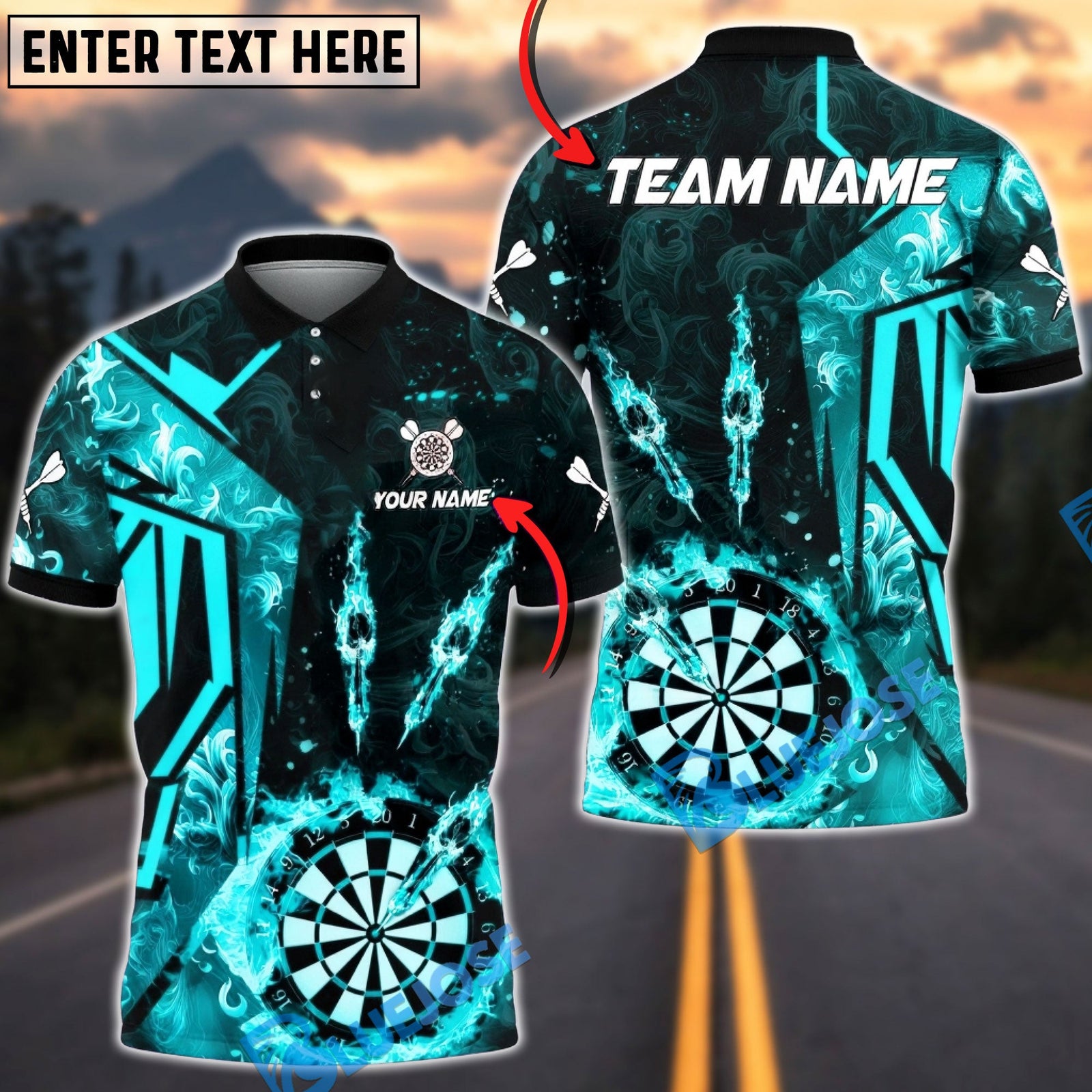 BlueJose Darts Flame Dartboard Darts Player Three Arrows Multicolor Options Personalized Name Shirt (4 Colors)